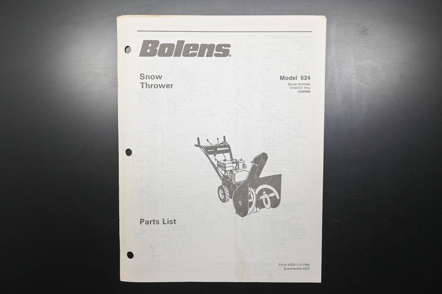 Bolens 4302-1 88 Snow Thrower Models 624 Parts List