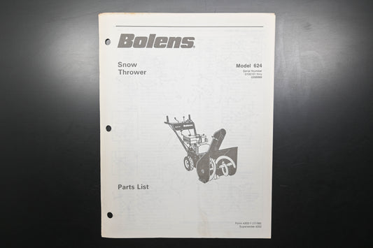 Bolens 4302-1 88 Snow Thrower Models 624 Parts List