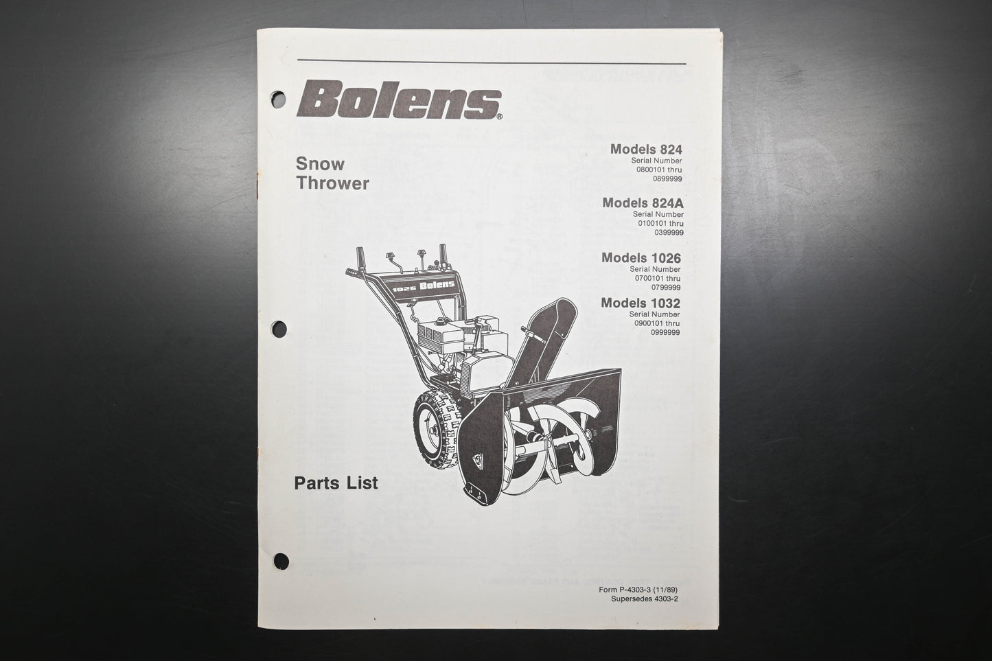 Bolens P-4303-3 89 Snow Thrower Models 824 1026 1032 Parts List