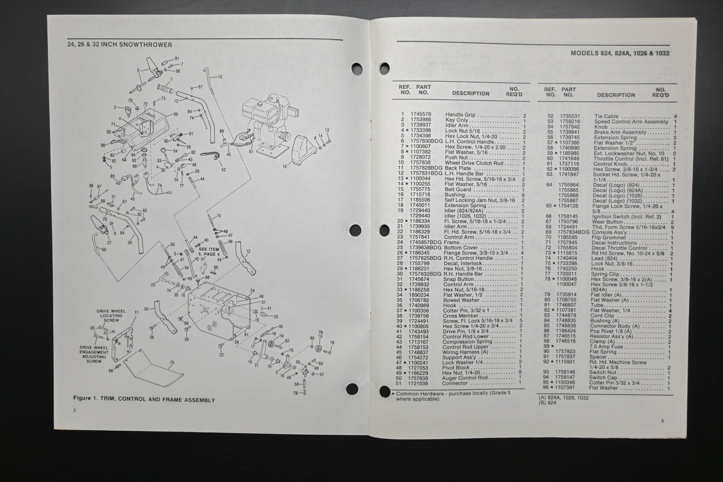 Bolens P-4303-3 89 Snow Thrower Models 824 1026 1032 Parts List