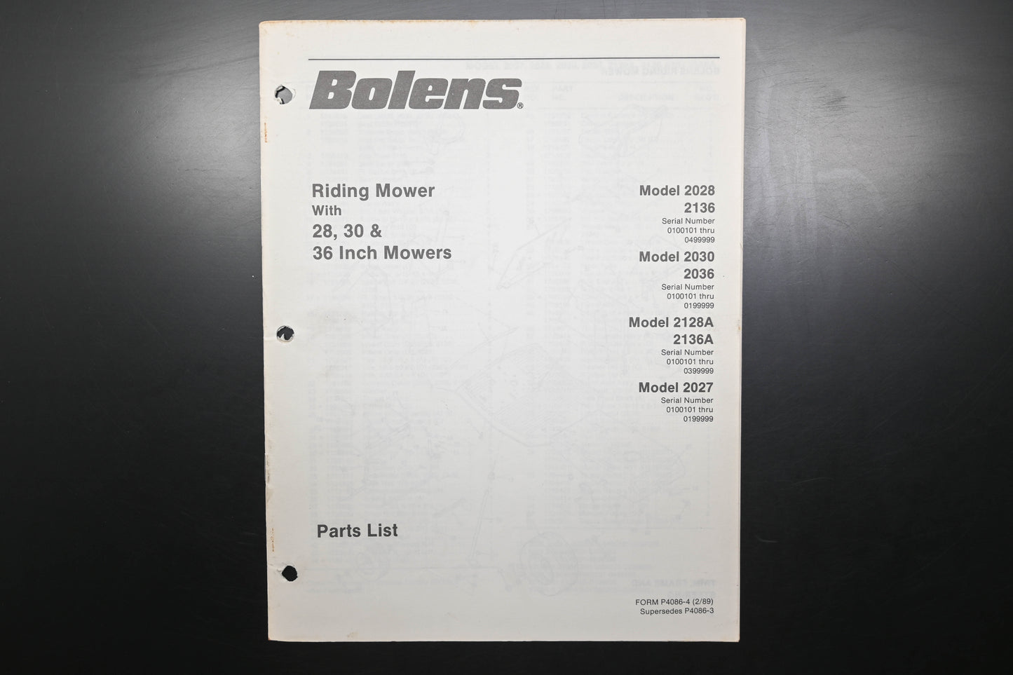 Bolens P4086-4 28" 30" 36" Riding Mower Parts List