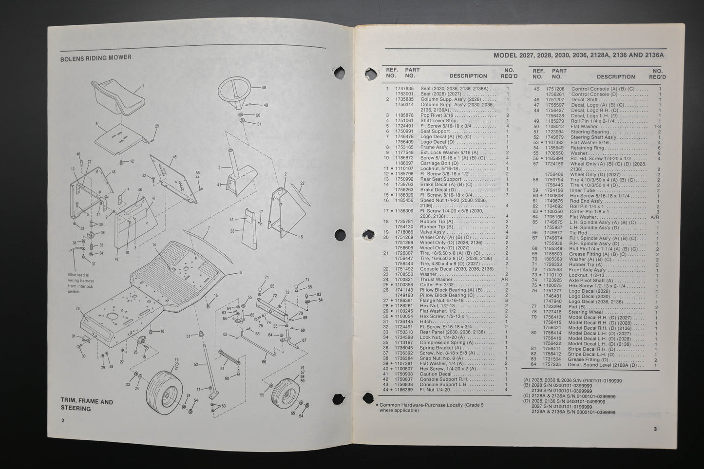 Bolens P4086-4 28" 30" 36" Riding Mower Parts List