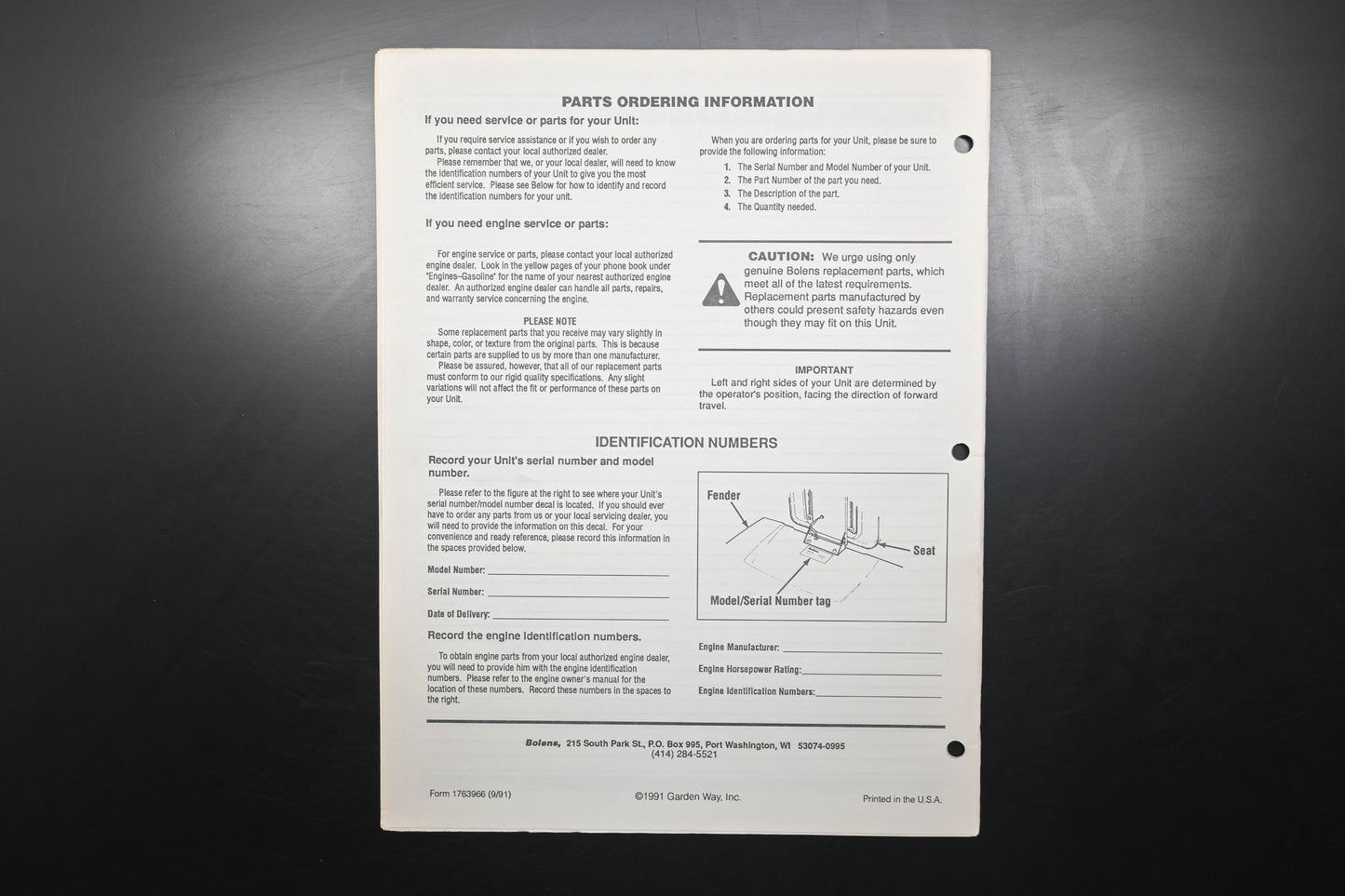 Bolens 1763966, 176-3966 91 Suburban Tractor Parts Catalog