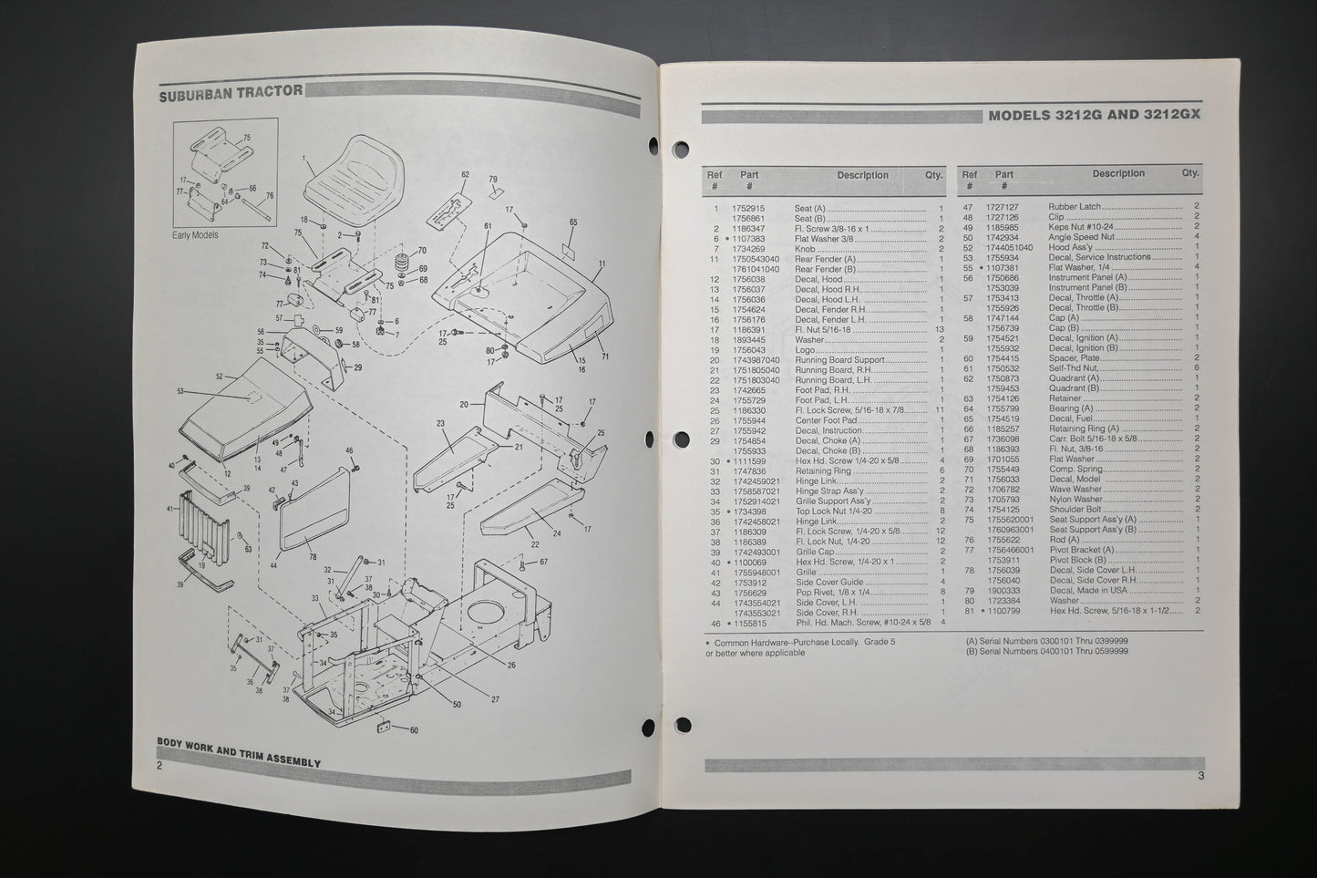 Bolens 1763965, 176-3965 Suburban Tractor Models 3212GX 3212G Parts List