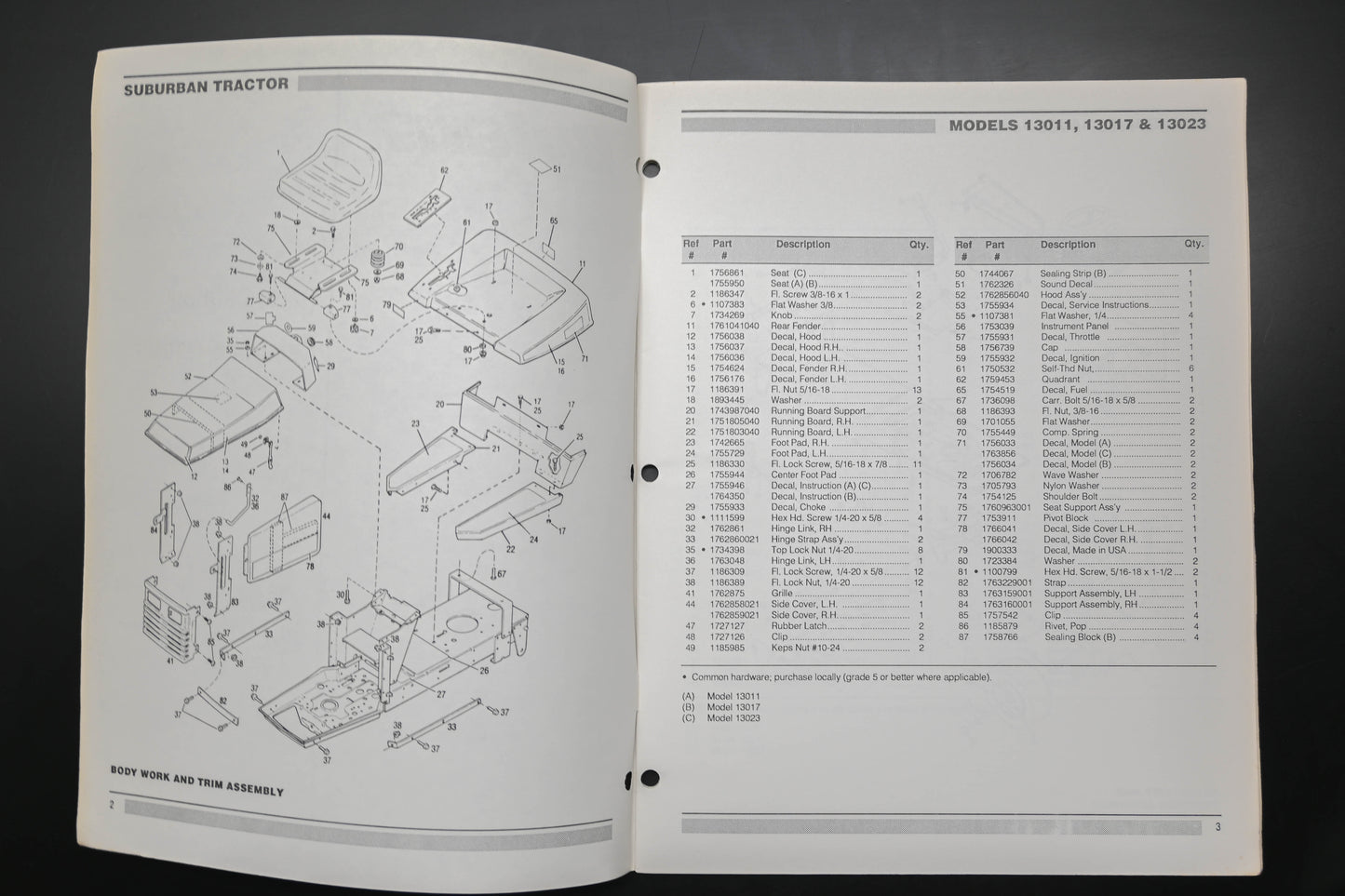 Bolens 1763976, 176-3976 Suburban Tractor Models 13011 13017 13023 Parts Catalog