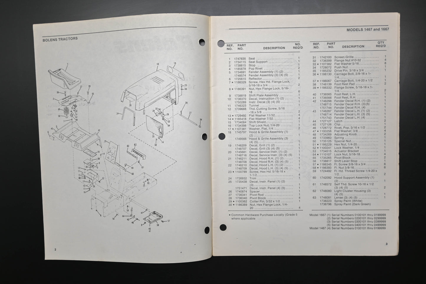 Bolens 3827-4 Tractor Models 1667 1467 Parts List