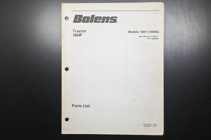 Bolens 3827-2 16HP Tractor Model 1667 Parts List