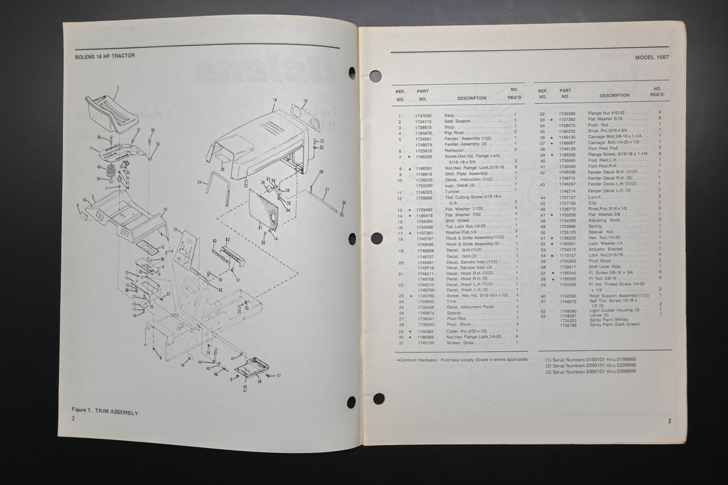 Bolens 3827-2 16HP Tractor Model 1667 Parts List