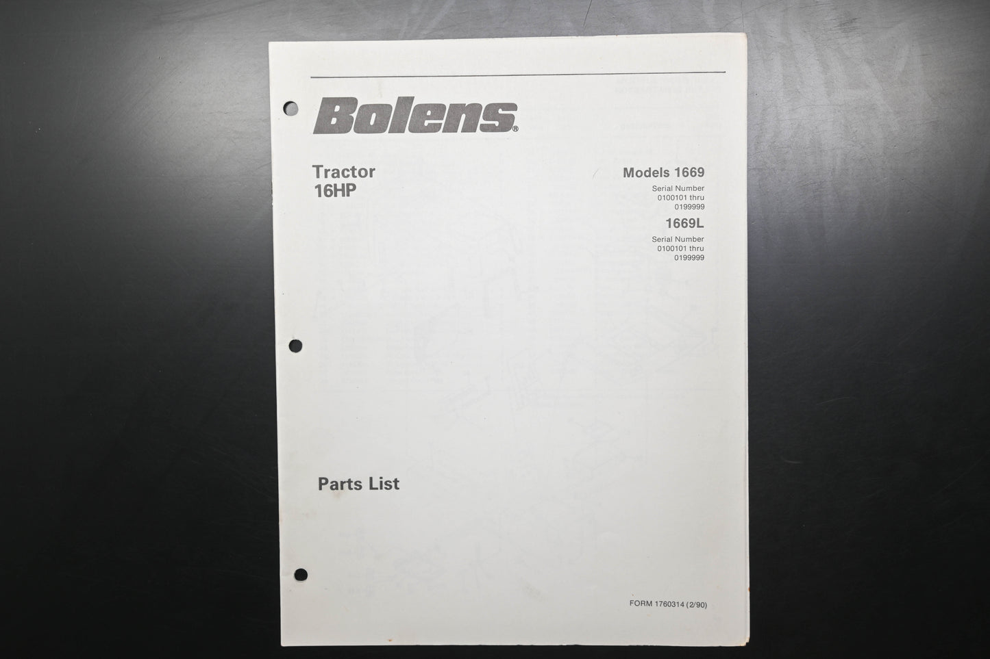 Bolens 1760314, 176-0314 16HP Tractor Models 1669 1669L Parts List