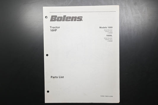 Bolens 1760314, 176-0314 16HP Tractor Models 1669 1669L Parts List