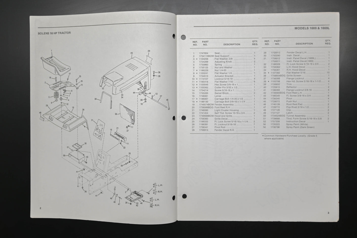 Bolens 1760314, 176-0314 16HP Tractor Models 1669 1669L Parts List