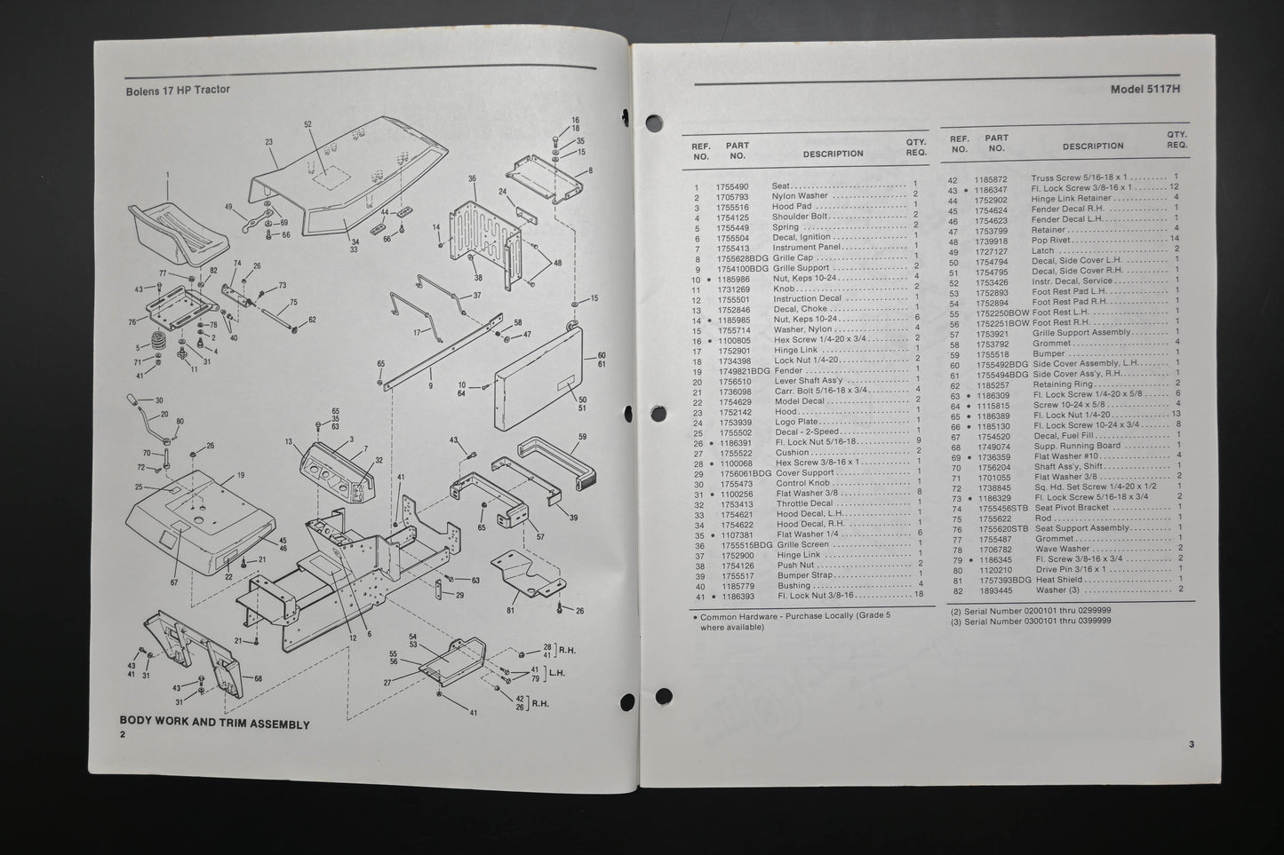 Bolens 176-0237, 1760237 Tractor Model 5117H Parts List