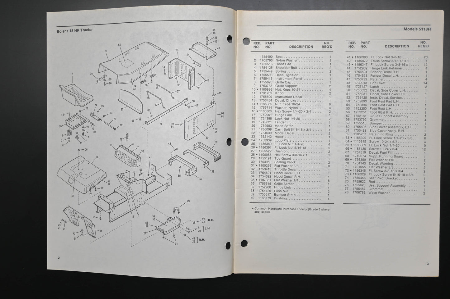 Bolens 4258-1 Tractor Model 5118H Parts List
