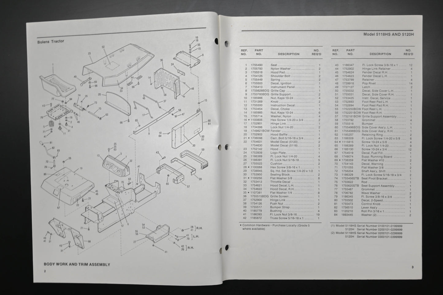 Bolens 176-0616, 1760616 Tractor Models 5120H 5118HS Parts List