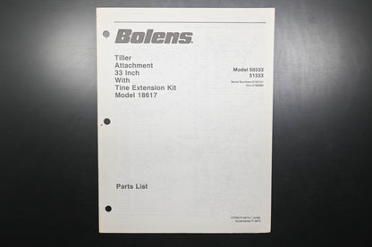 Bolens P-3873-1 33" Tiller Attachment & Tine Extension Kit Parts List