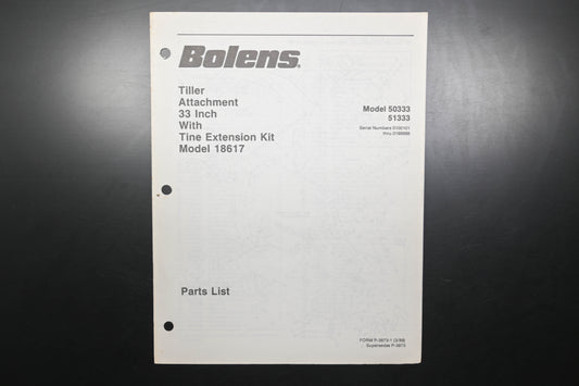 Bolens P-3873-1 33" Tiller Attachment & Tine Extension Kit Parts List