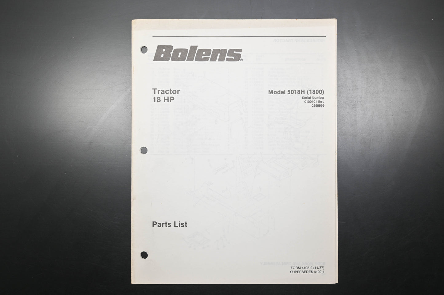 Bolens 4102-2 87 Tractor Model 5018H Parts List