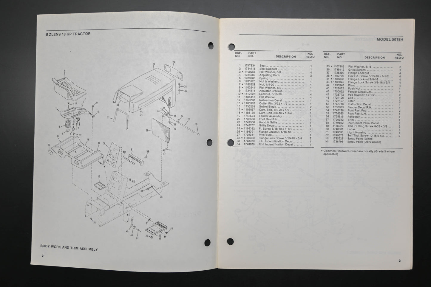 Bolens 4102-2 87 Tractor Model 5018H Parts List