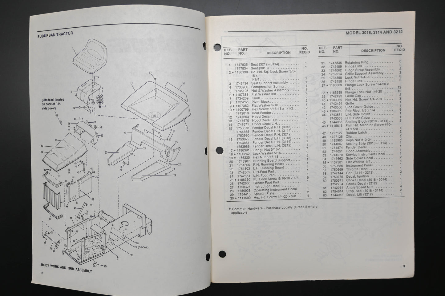 Bolens 4239 87 Suburban Tractor 3018H 3114H 3212H Parts List