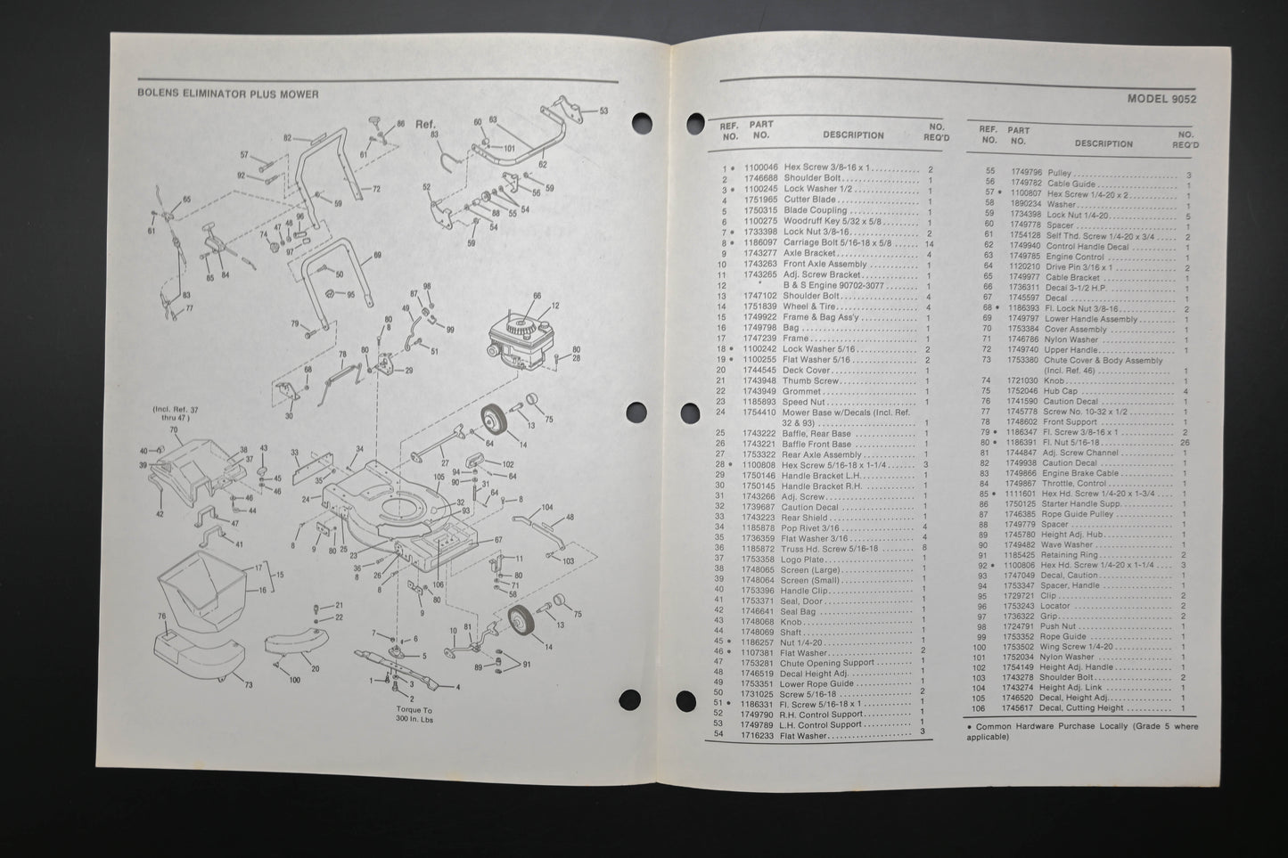 Bolens P-4187 87 Eliminator Plus Mower 21" Model 9052 Parts List