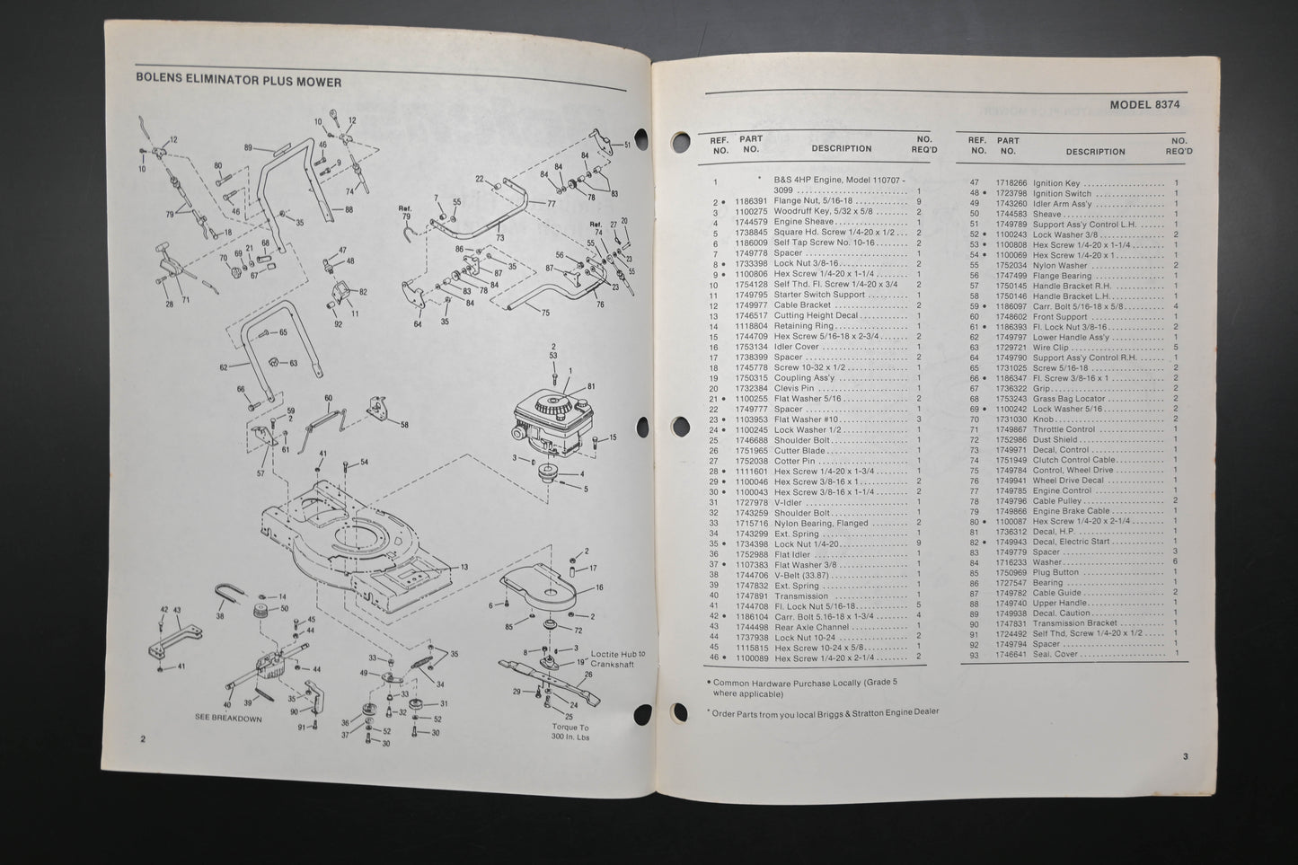 Bolens P-4084-1 87 Eliminator Plus 21" Mower Model 8374 Parts List