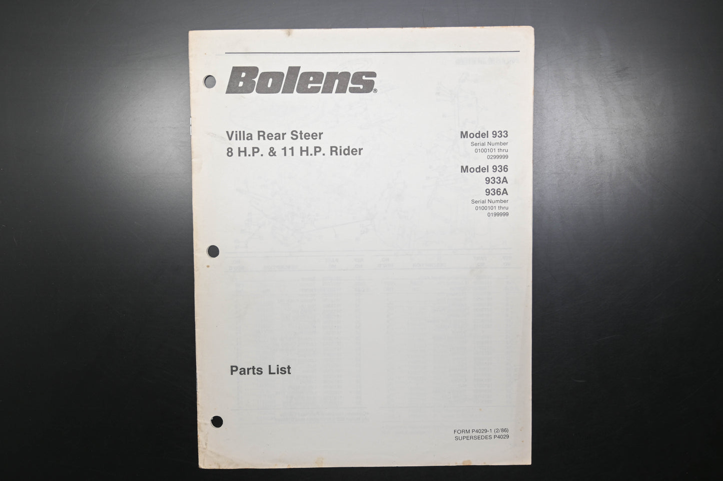 Bolens P4029-1 86 Villa Rear Steer Model 933 936 Parts List