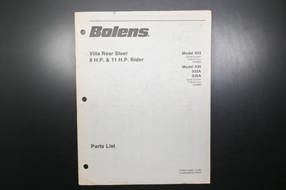 Bolens P4029-1 86 Villa Rear Steer Model 933 936 Parts List