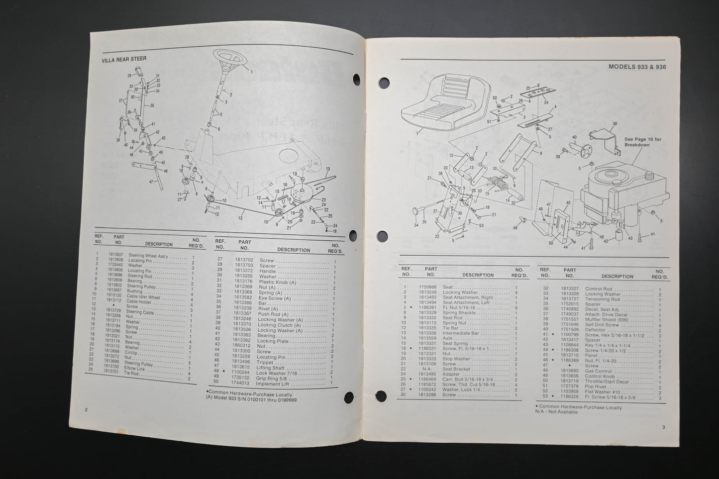 Bolens P4029-1 86 Villa Rear Steer Model 933 936 Parts List
