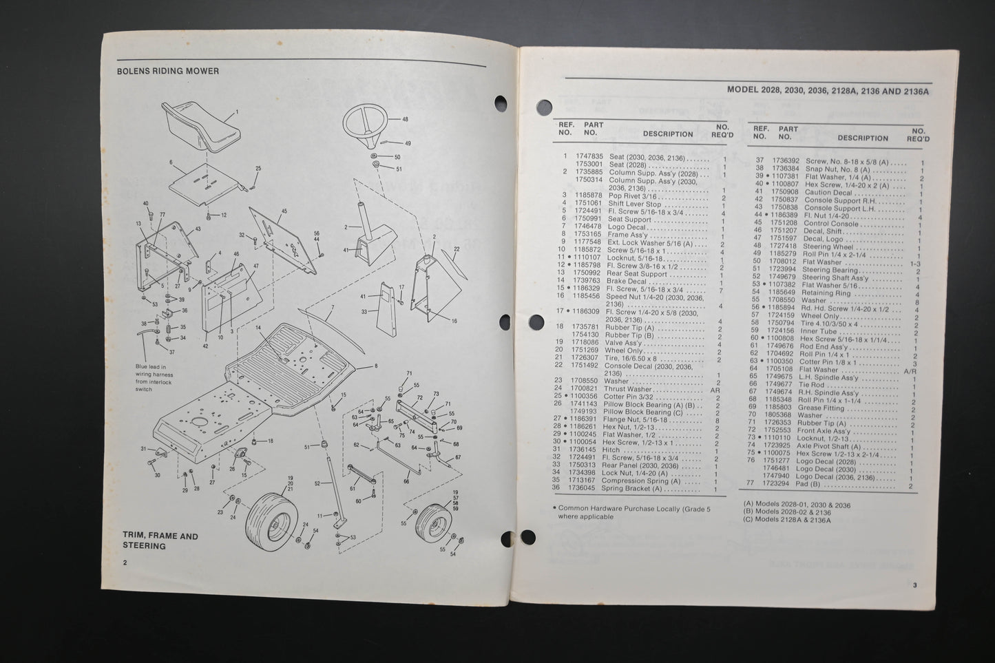Bolens P4086-2 87 28" 30" 36" Riding Mower Parts List