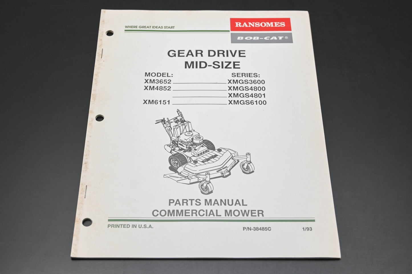 Bob-Cat 38485C 93 XM3652 XM4852 XM6151 Mower Parts Manual