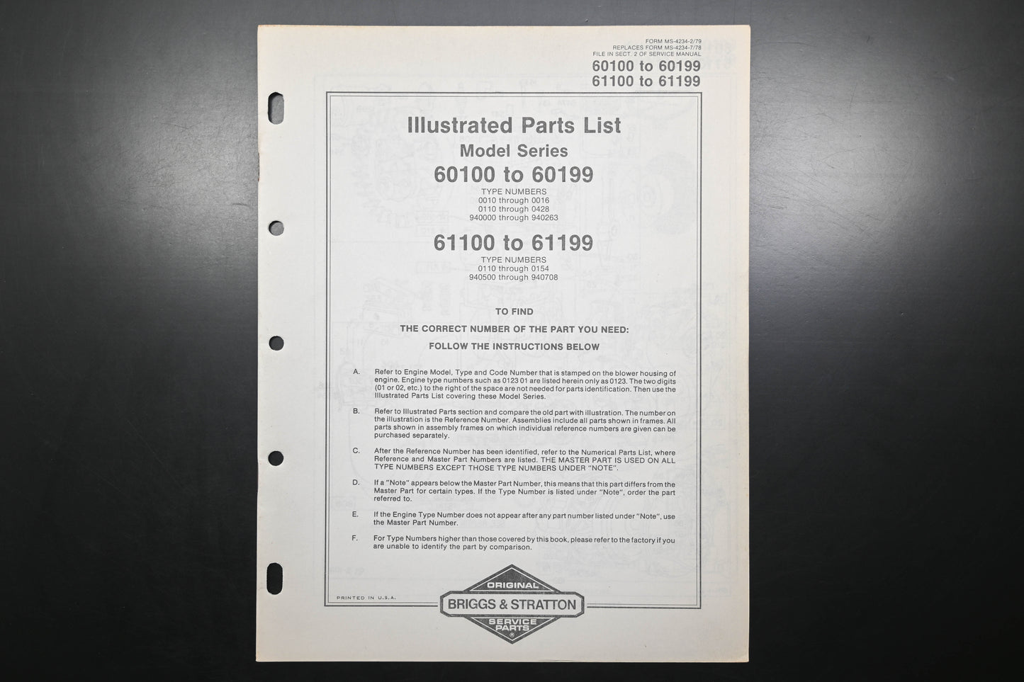 OEM Briggs & Stratton MS-4234-2/79 60100-60199 61100-61199 Parts List