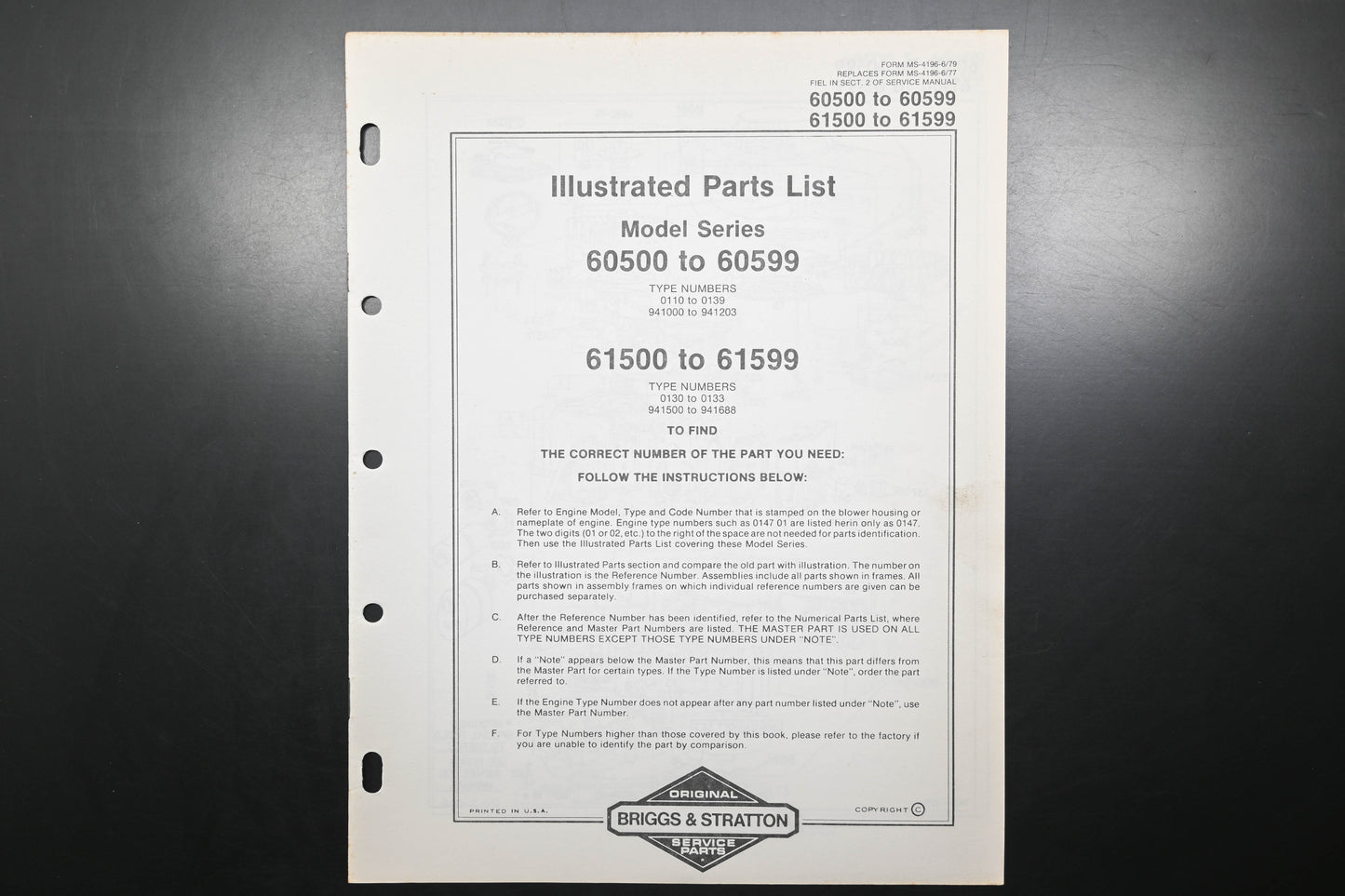 OEM Briggs & Stratton MS-4196-6/79 60500-60599 61500-61599 Parts List