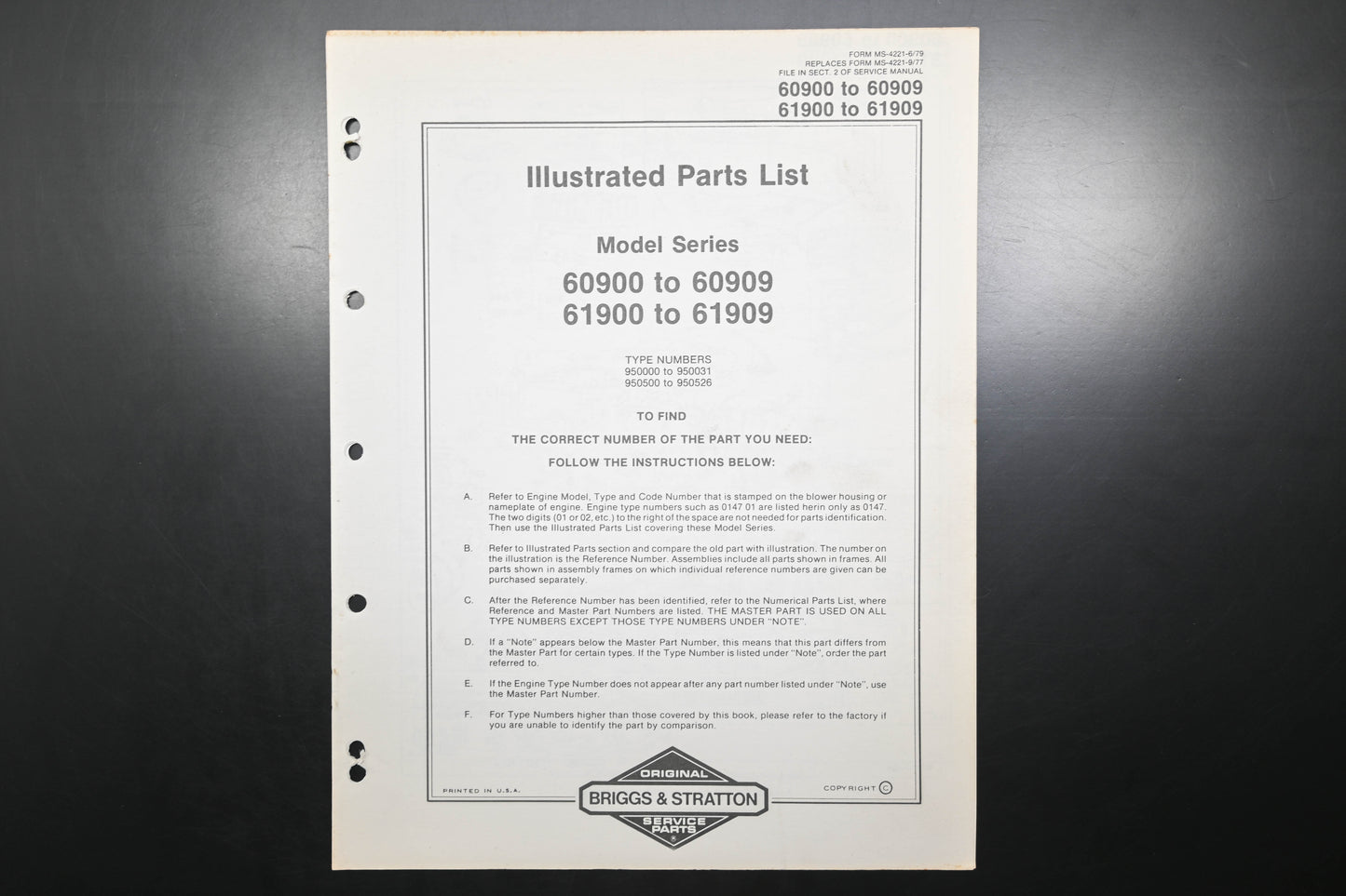 OEM Briggs & Stratton MS-4221-6/79 60900-60909 61900-61909 Parts List