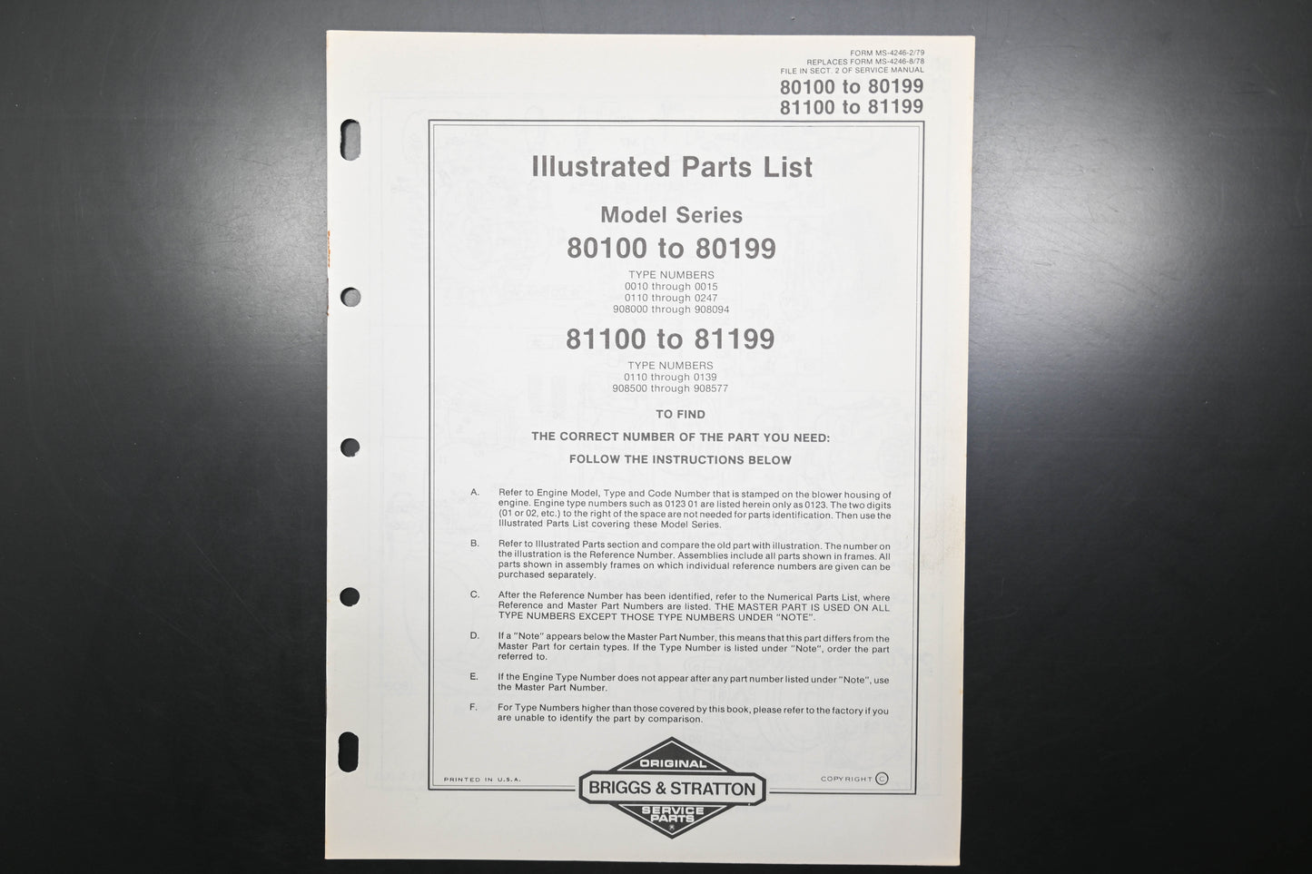 OEM Briggs & Stratton MS-4246-2/79 80100-80199 81100-81199 Parts List