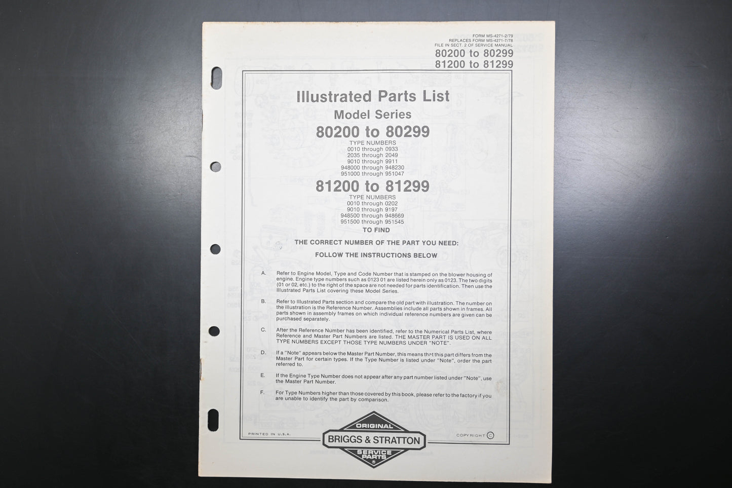 OEM Briggs & Stratton MS-4271-2/79 80200-80299 81200-81299 Parts List