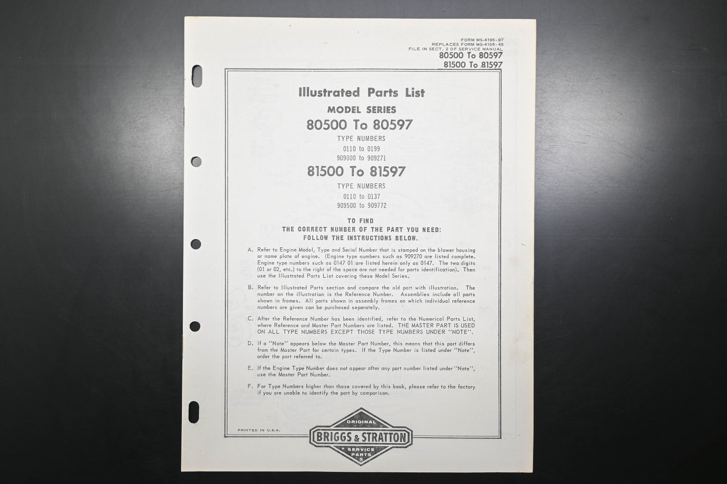 OEM Briggs & Stratton MS-4195-97 80500-80597 81500-81597 Parts List