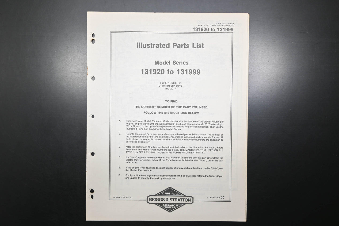 OEM Briggs & Stratton MS-7129-1/79 131920-131999 Parts List