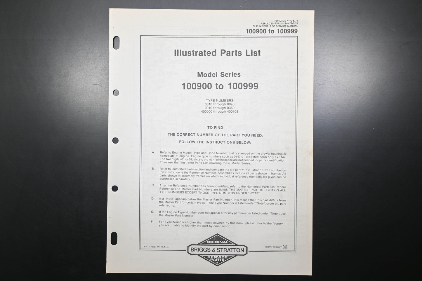 OEM Briggs & Stratton MS-4472-5/79 100900-100999 Parts List