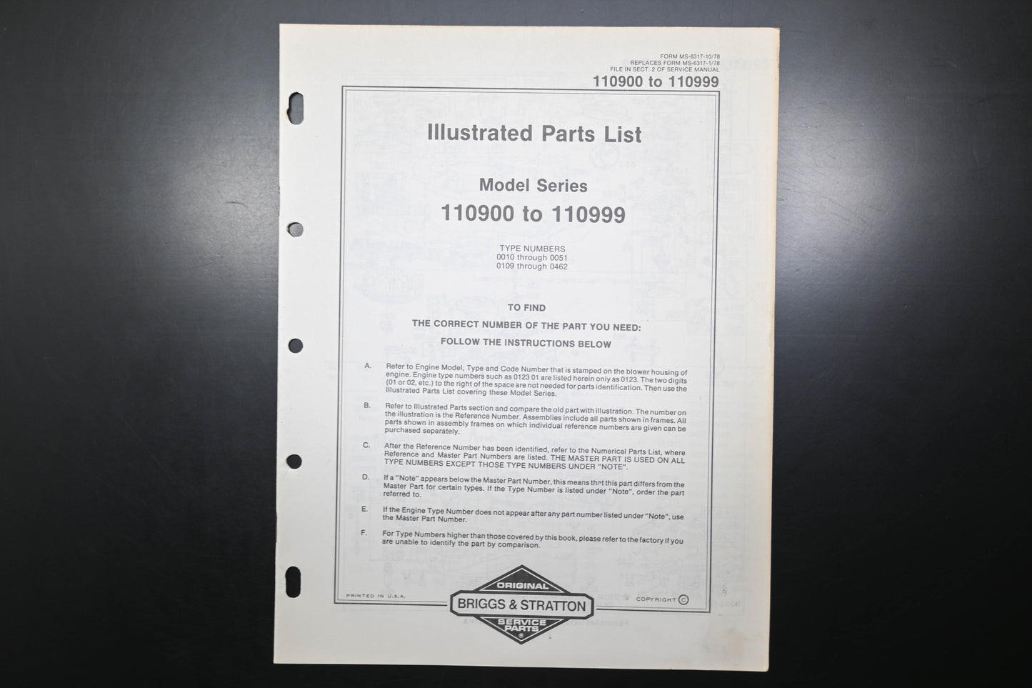 OEM Briggs & Stratton MS-6317-10/78 110900-110999 Parts List