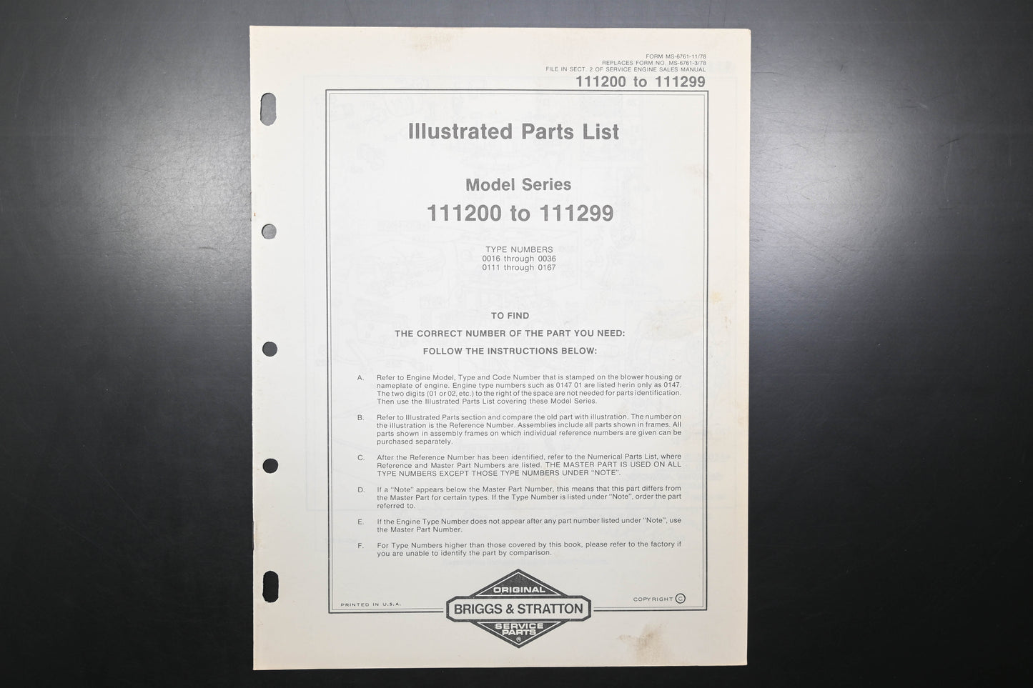 OEM Briggs & Stratton MS-6761-11/78 111200-111299 Parts List