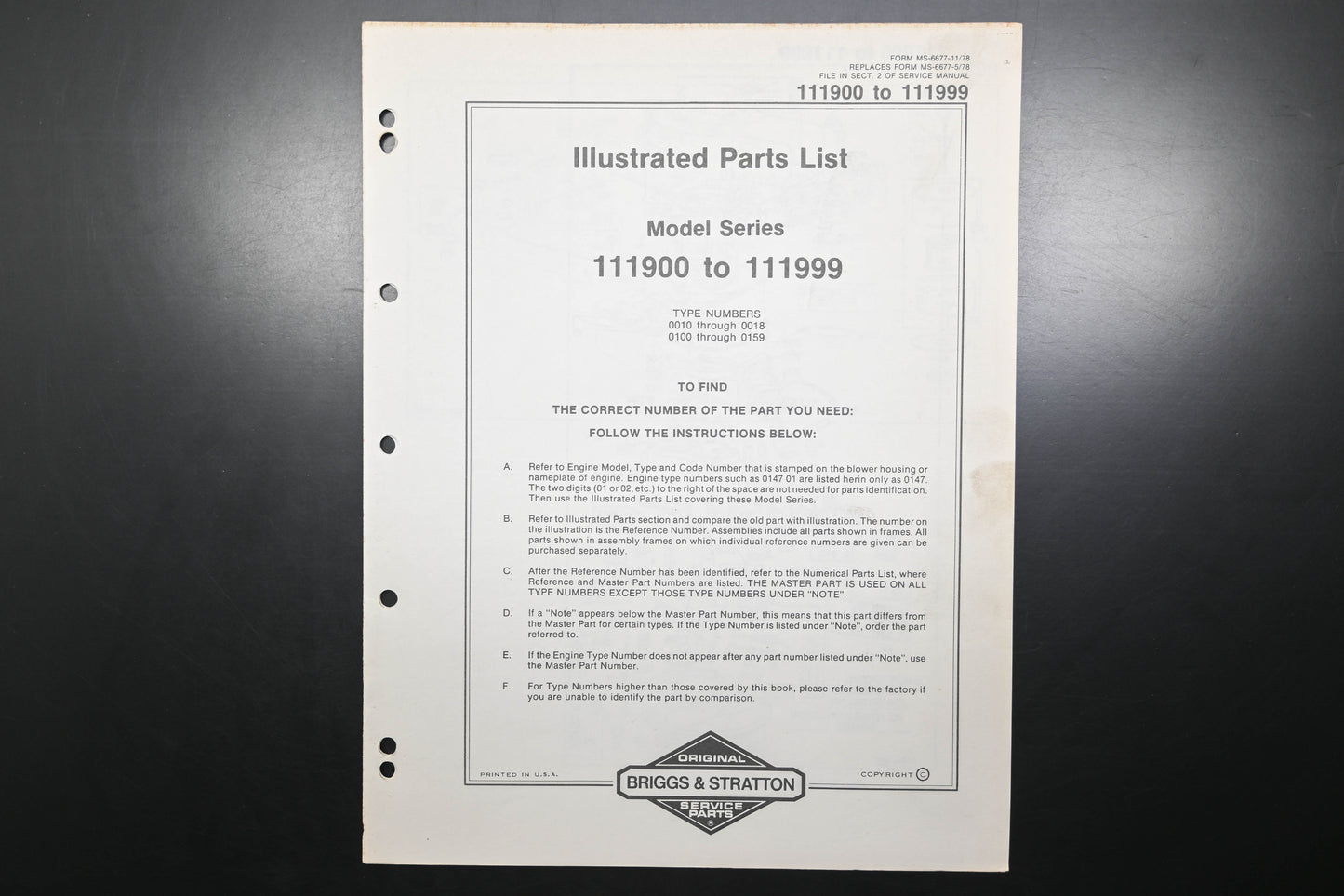 OEM Briggs & Stratton MS-6677-11/78 111900-111999 Parts List