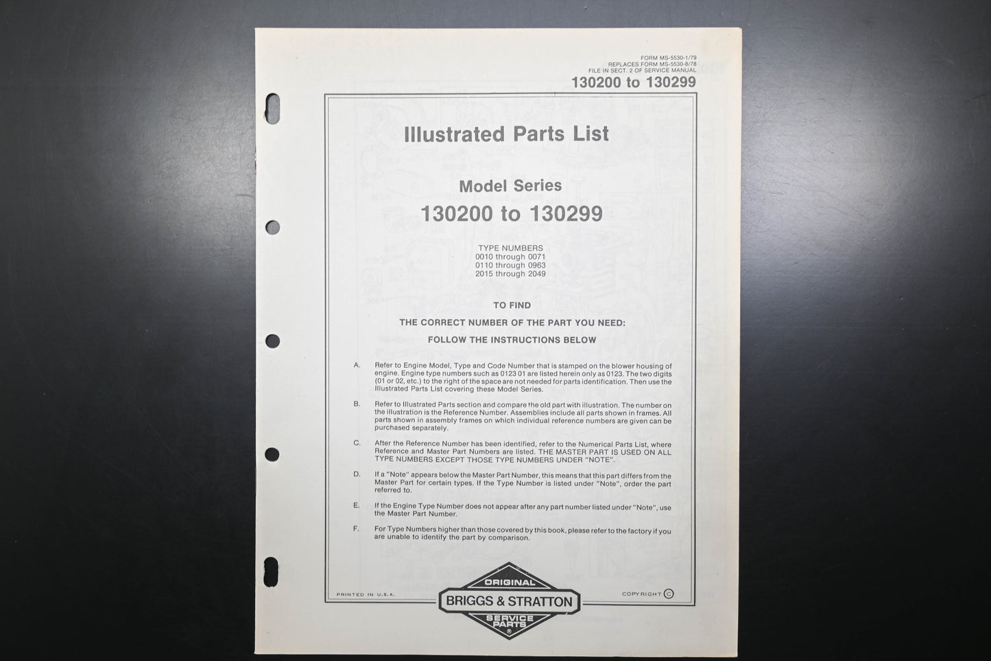 OEM Briggs & Stratton MS-5530-1/79 130200-130299 Parts List