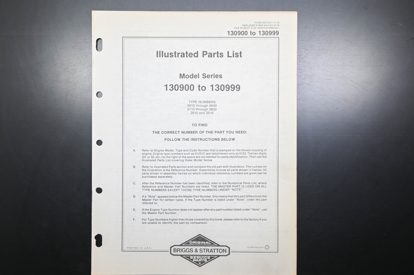 OEM Briggs & Stratton MS-5531-11/78 130900-130999 Parts List