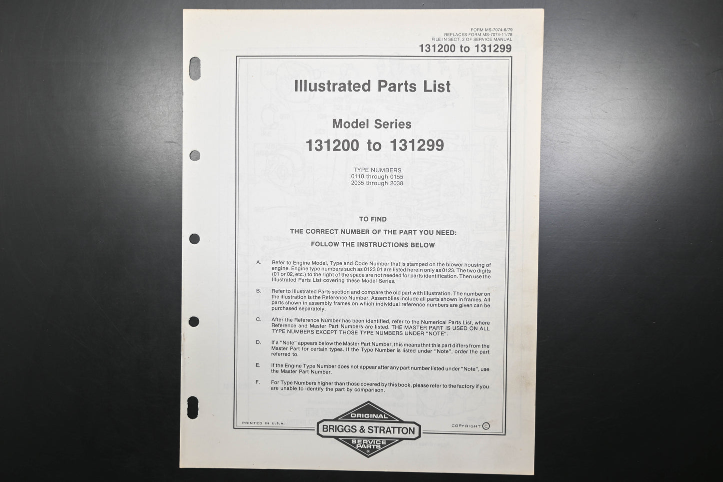 OEM Briggs & Stratton MS-7074-6/79 131200-131299 Parts List