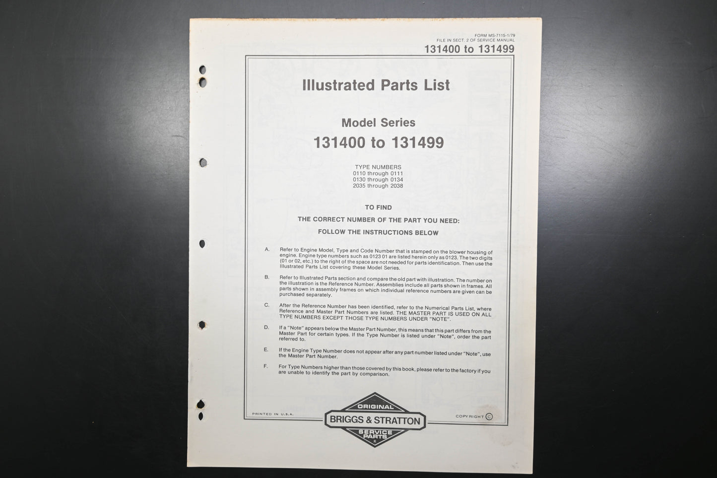 OEM Briggs & Stratton MS-7115-1/79 131400-131499 Parts List