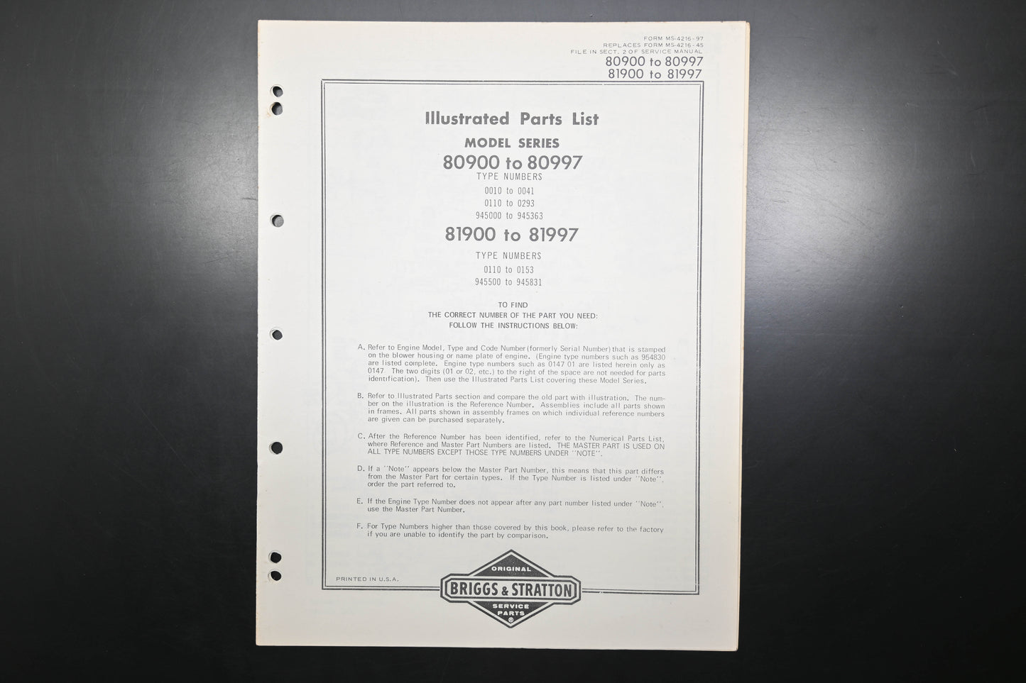 OEM Briggs & Stratton MS-4216-97 80900-80997 81900-81997 Parts List