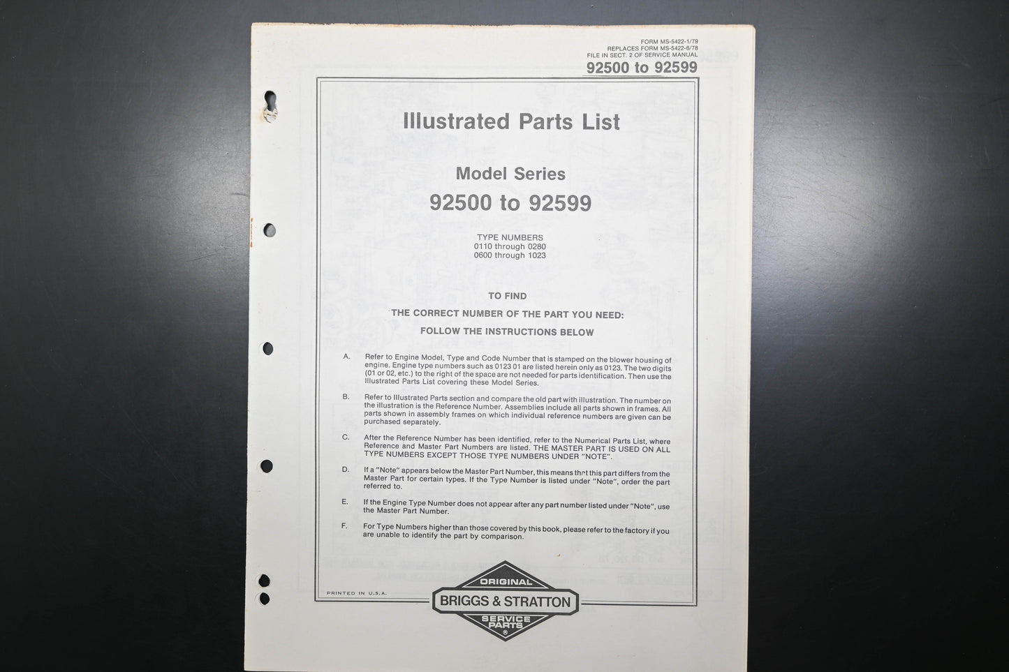 OEM Briggs & Stratton MS-5422-1/79 92500-92599 Parts List