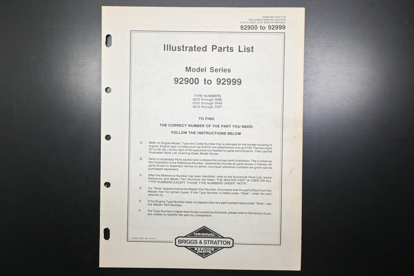 OEM Briggs & Stratton MS-5423-2/79 92900-92999 Parts List