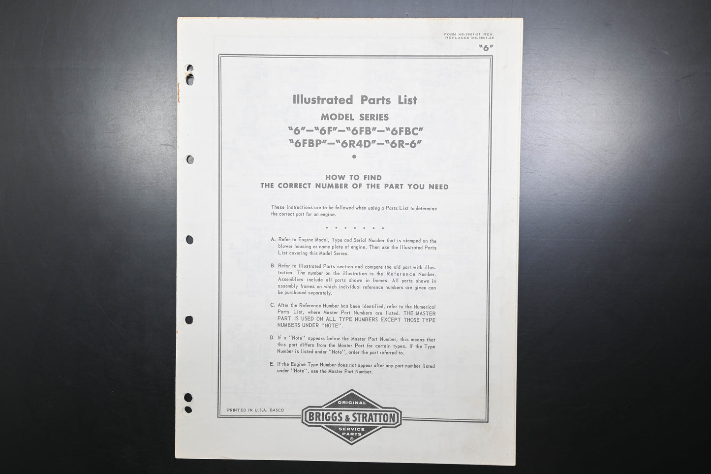 OEM Briggs & Stratton MS-3801-51 Model Series 6F & 6R Parts List