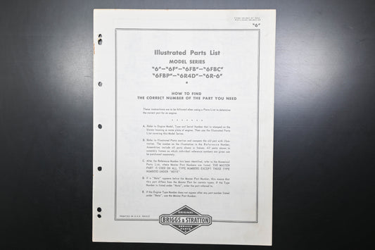OEM Briggs & Stratton MS-3801-51 Model Series 6F & 6R Parts List
